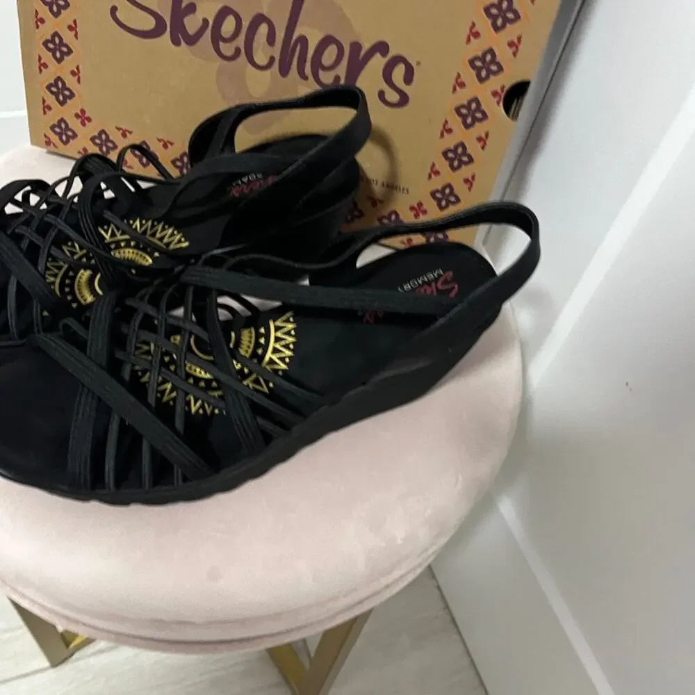 Skechers Parallel Crossed Wires Black Slingback Wedge Sandals Size 10